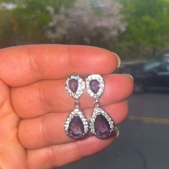Purple And White Diamond CZ Dangle Drop Solitaire Earrings Sterling Silver 36mm - Picture 3 of 3